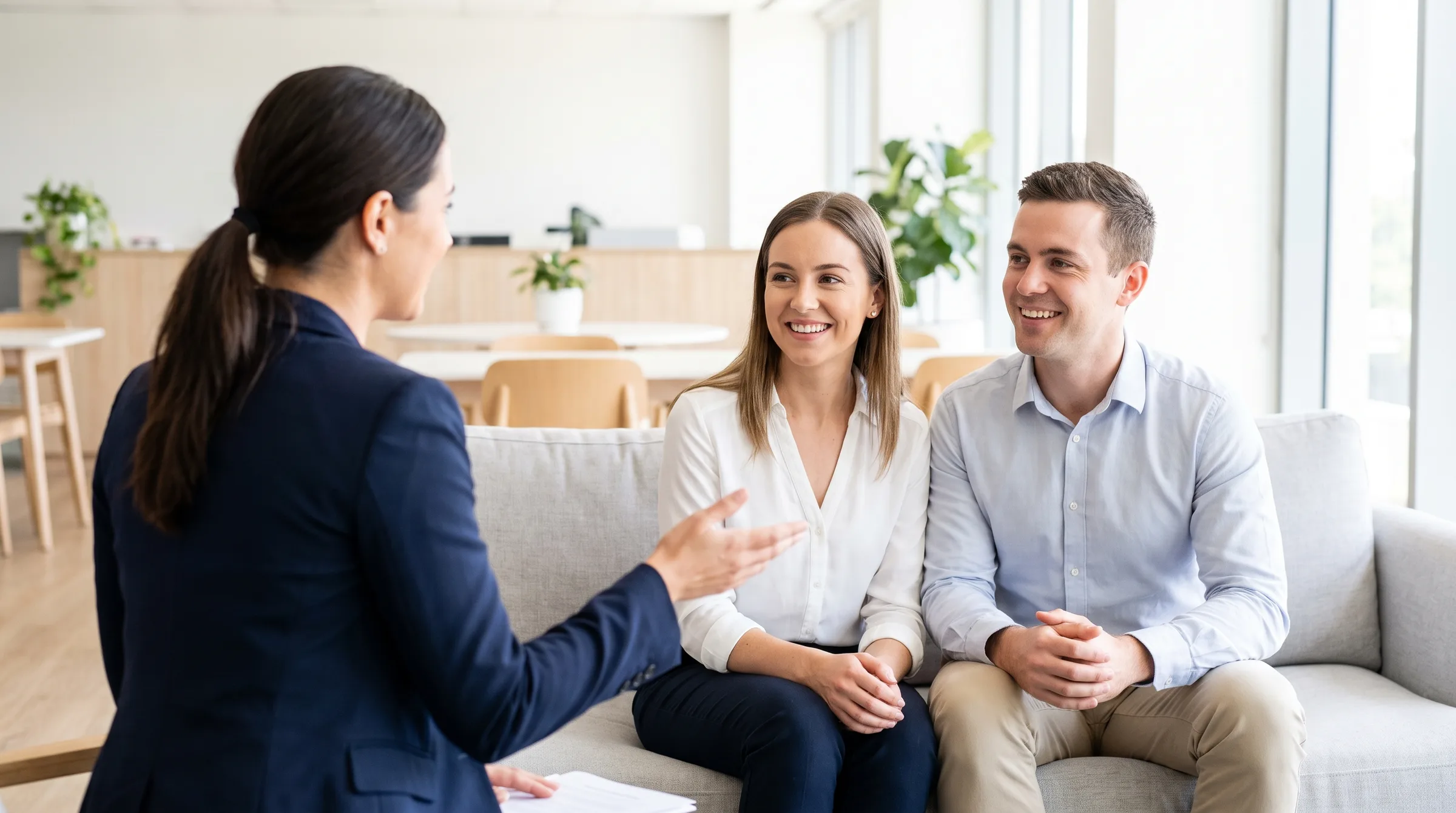 A solicitor at Emerson Legal talking warmly with clients in a bright Ringwood office