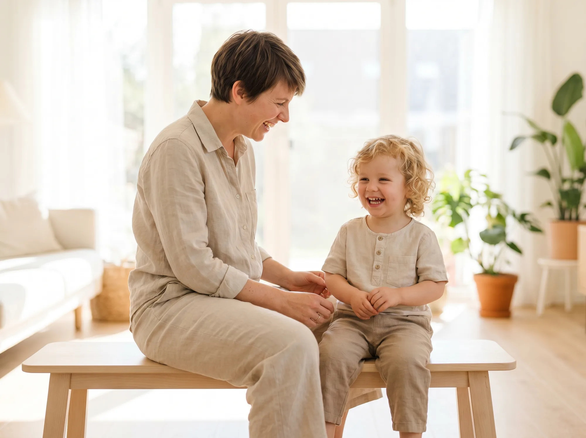 A parent and a happy young child laughing together in warm natural light