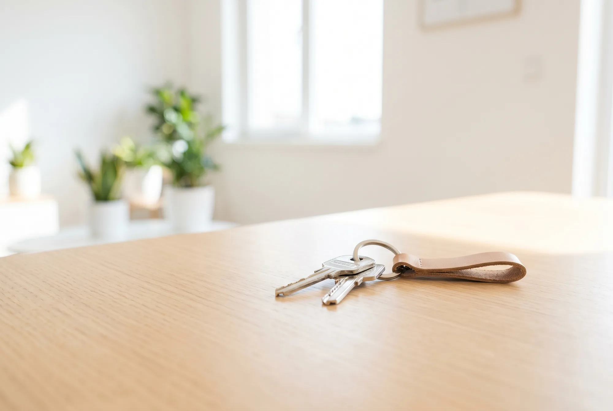 A set of house keys resting on a light timber table in a bright room