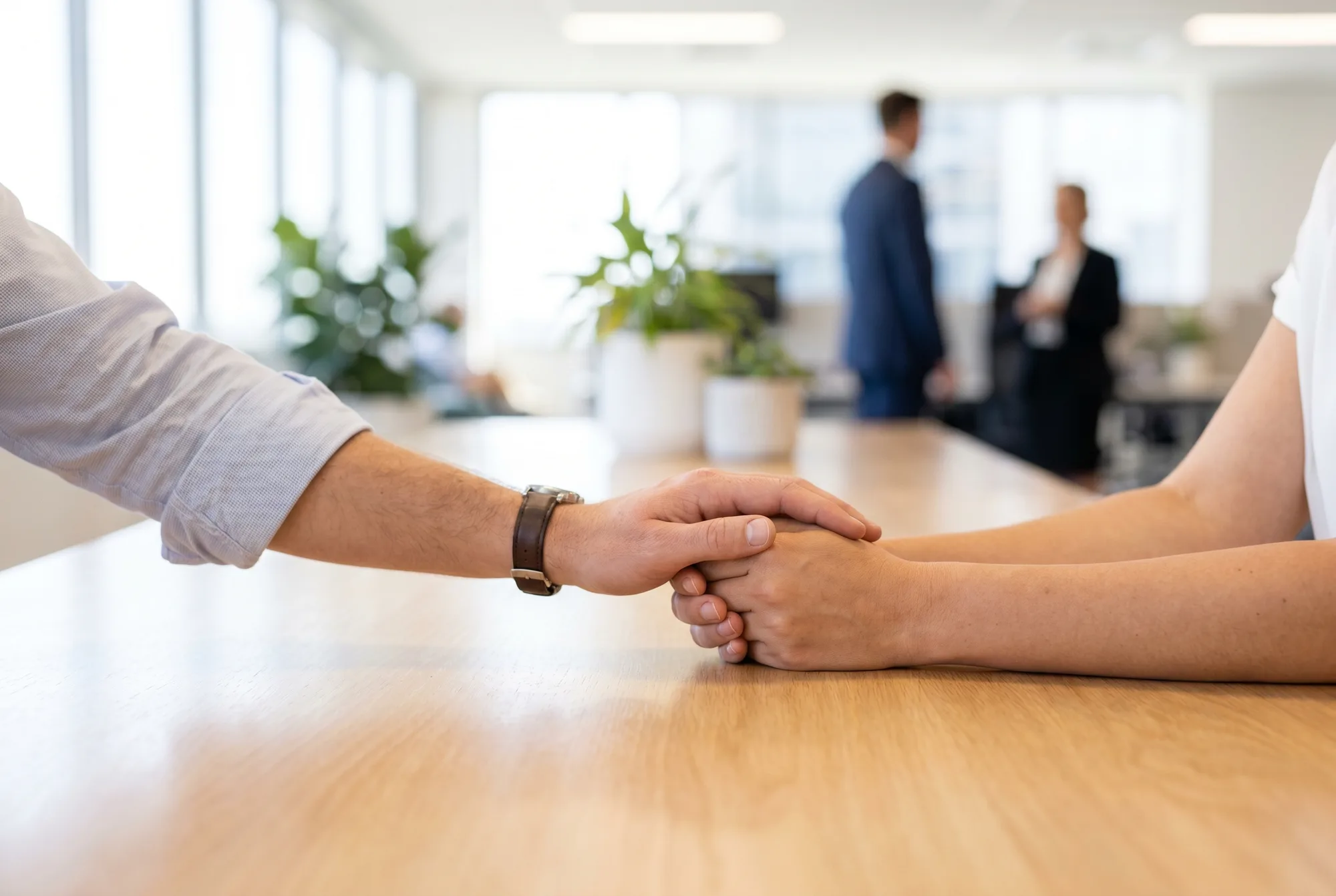 A reassuring hand gently holding another across a table in a bright office